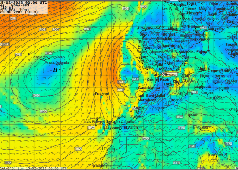 01. Exemple de configuration météo classique, sauf la petite dépression à l'ouest du détroit de Gibraltar