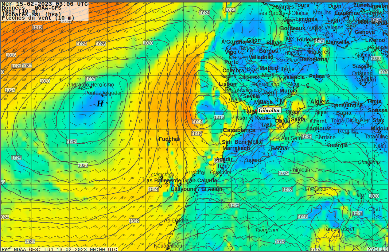 01. Exemple de configuration météo classique, sauf la petite dépression à l'ouest du détroit de Gibraltar