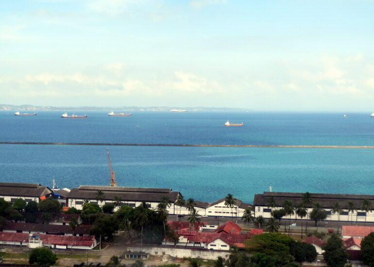 39. Vue vers la baie et les nombreux pétroliers en attente (l'économie ralentit aussi au Brésil)