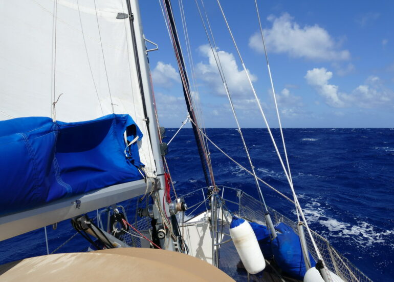 47. Des Saintes à Pointe-à-Pitre ; Grand-voile et moteur, il faut avancer contre le vent, le courant et la houle